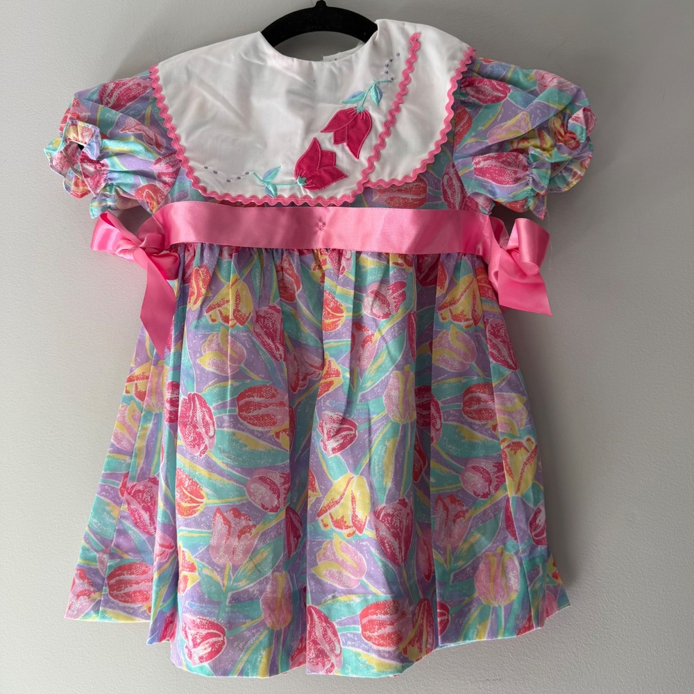Vintage Unbranded Tulip Print Dress‎ Girls 4T Multicolor Good Floral Peter Pan